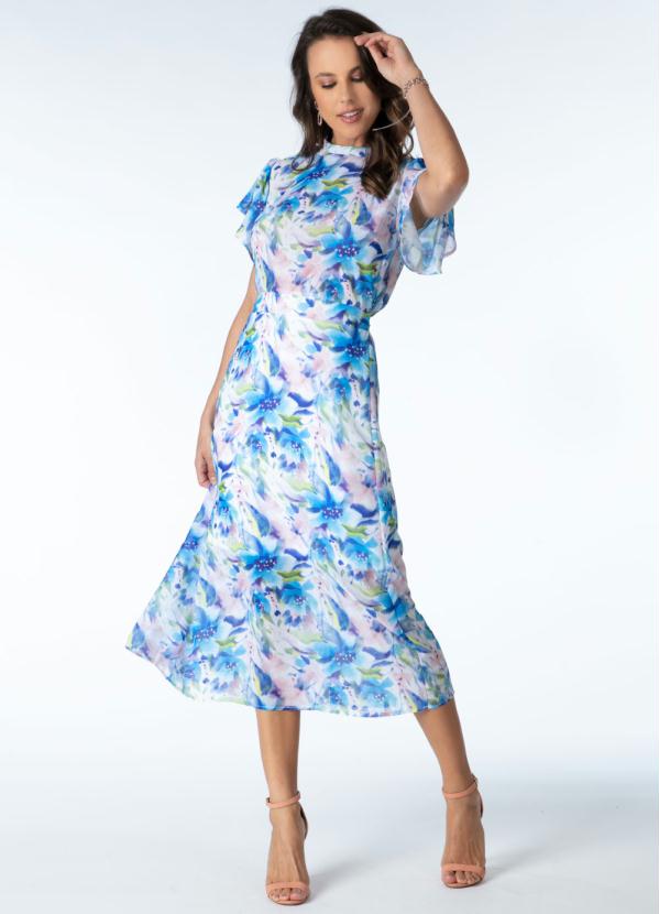 Quintess - Vestido Midi Floral Desfocado com Babados