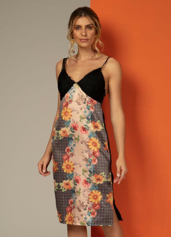 Quintess - Vestido Midi Floral Laranja com Renda