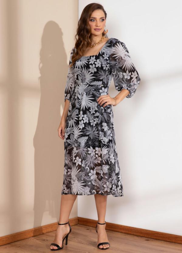 Quintess Vestido Midi Floral Preto com Mangas 3/4