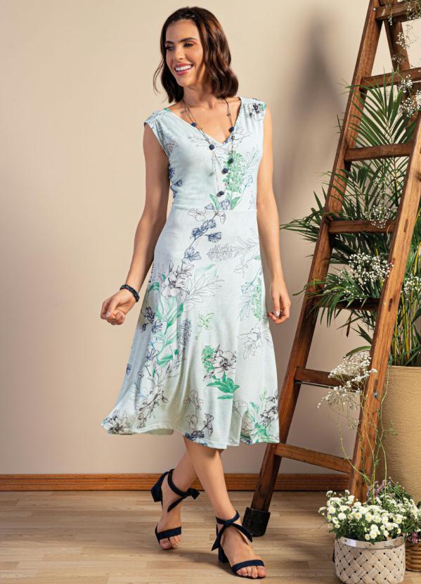 Quintess - Vestido Midi Floral Verde com Decote V