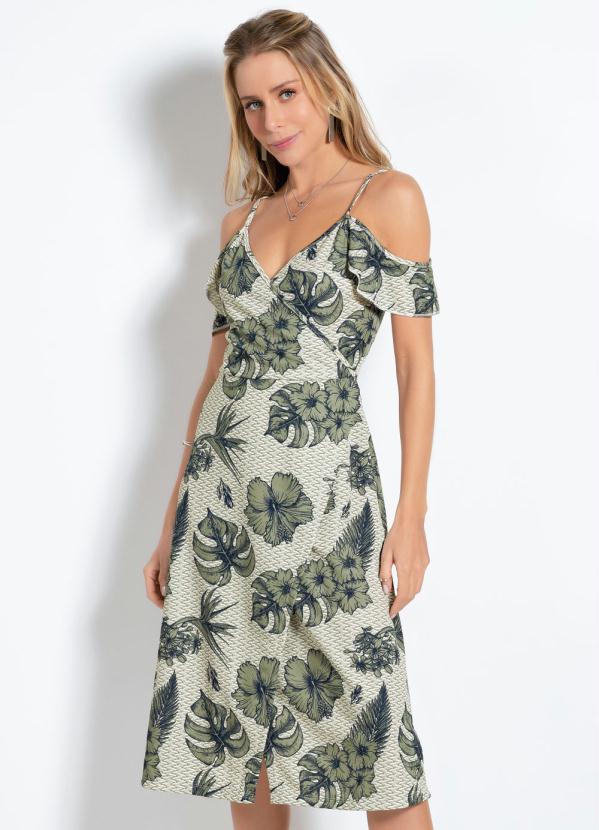 Outlet - Vestido Midi Folhagem Verde com Babado