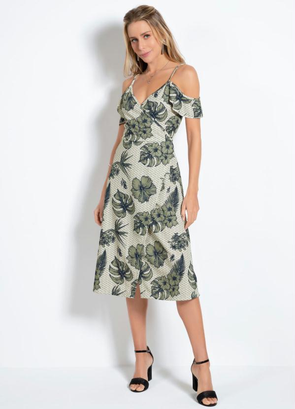 Outlet - Vestido Midi Folhagem Verde com Babado 3