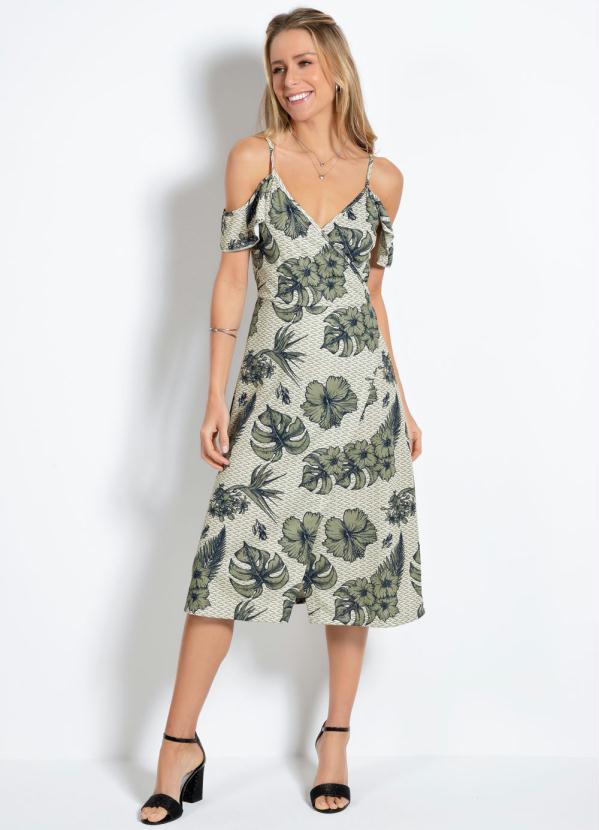 Outlet - Vestido Midi Folhagem Verde com Babado 4