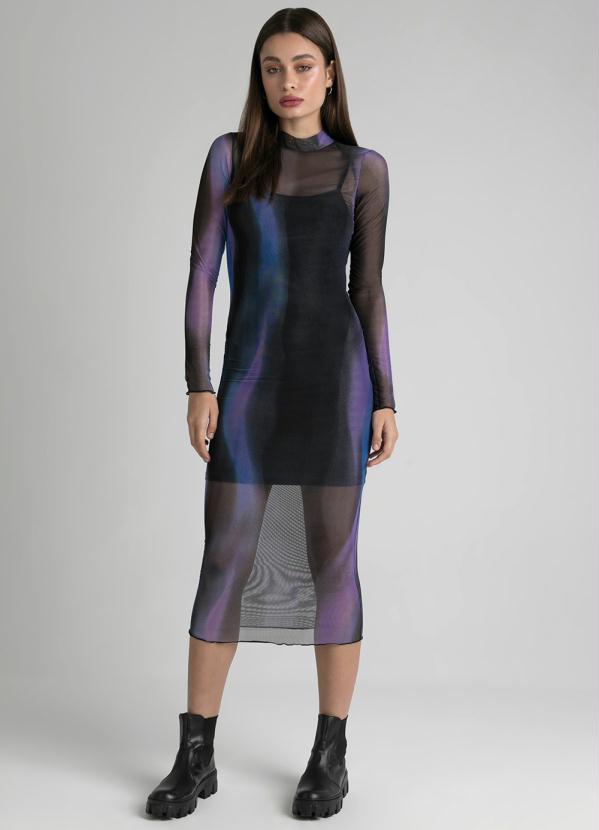 Enfim - Vestido Midi Justo Tule Nuances Azul