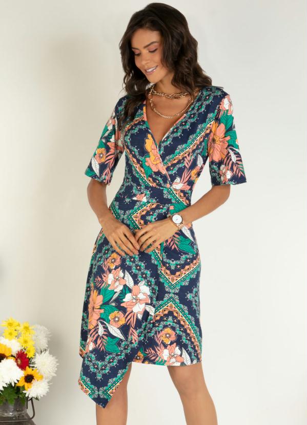 Quintess - Vestido Midi Lenço Marinho com Barra Assimétrica