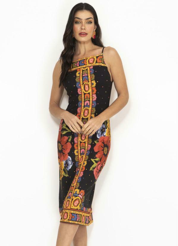 Farm - Vestido Midi Malha de Viscose Antuerpia Preto