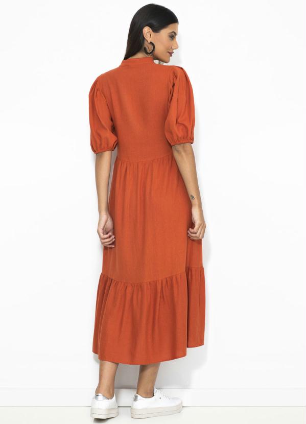 Farm - Vestido Midi Manga Curta Botões Laranja 2