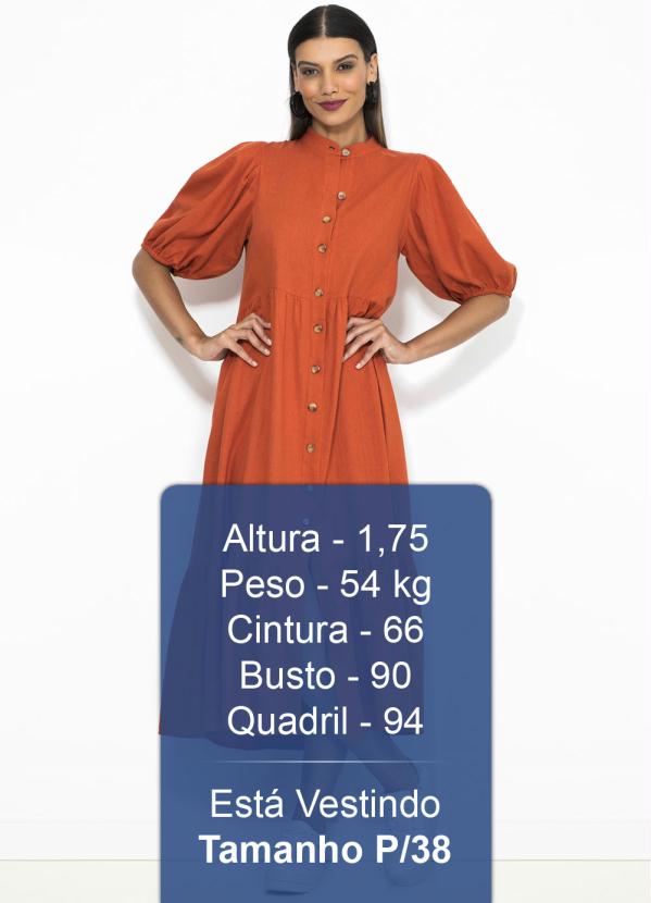 Farm - Vestido Midi Manga Curta Botões Laranja 5