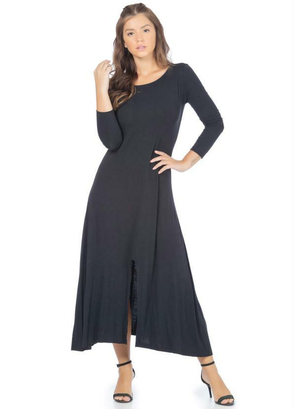Up Close - Vestido Midi Manga Longa com Fenda Preto