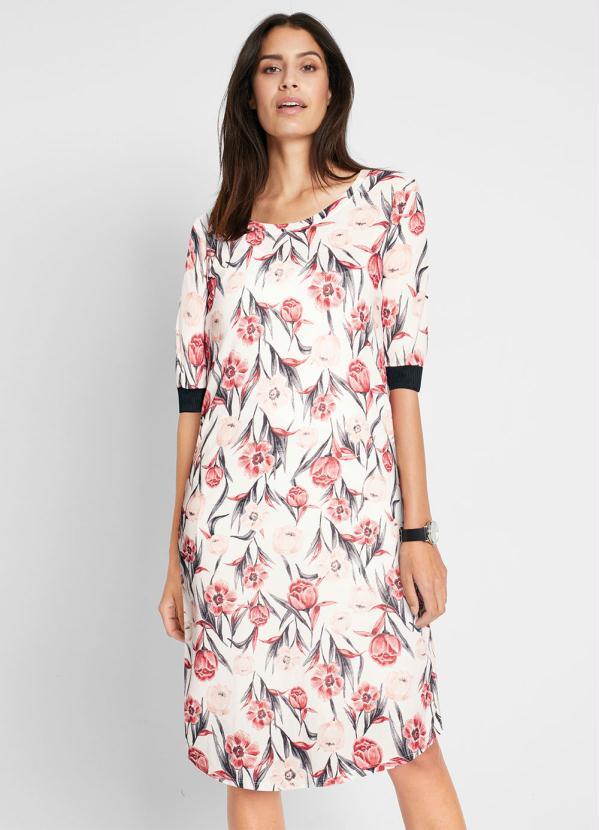 bonprix - Vestido Midi Mangas 3/4 Floral Branco