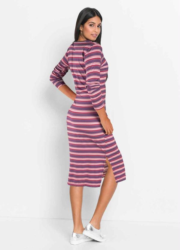 bonprix - Vestido Midi Mangas Longas Rosa Listrado 2