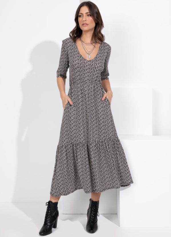 Quintess - Vestido Midi Margaridas com Babados e Bolsos