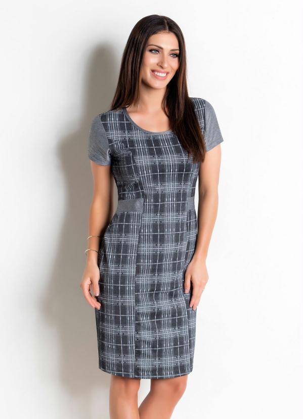 Rosalie - Vestido Midi Moda Evangélica Xadrez Cinza