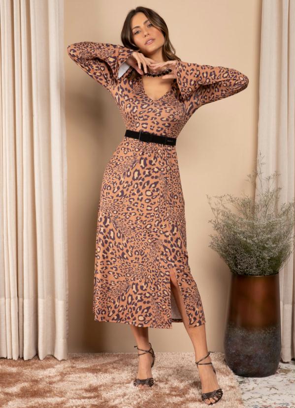 Quintess - Vestido Midi Oncinha com Decote V e Fenda 3