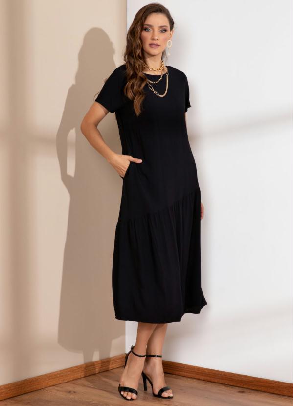 Vestido Midi Preto com Babados na Barra Quintess - Main Image