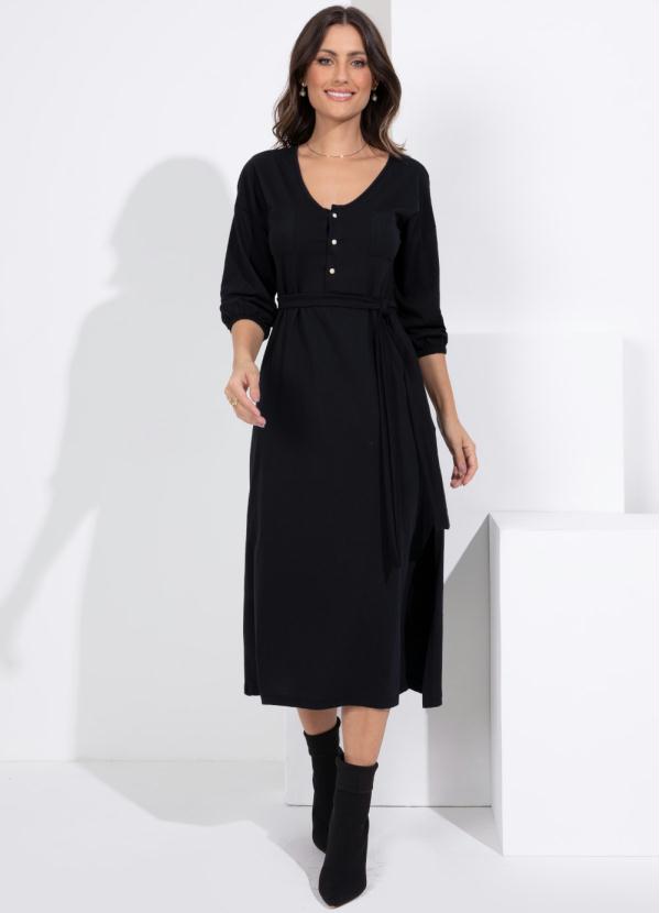 Quintess - Vestido Midi Preto com Botões e Fenda