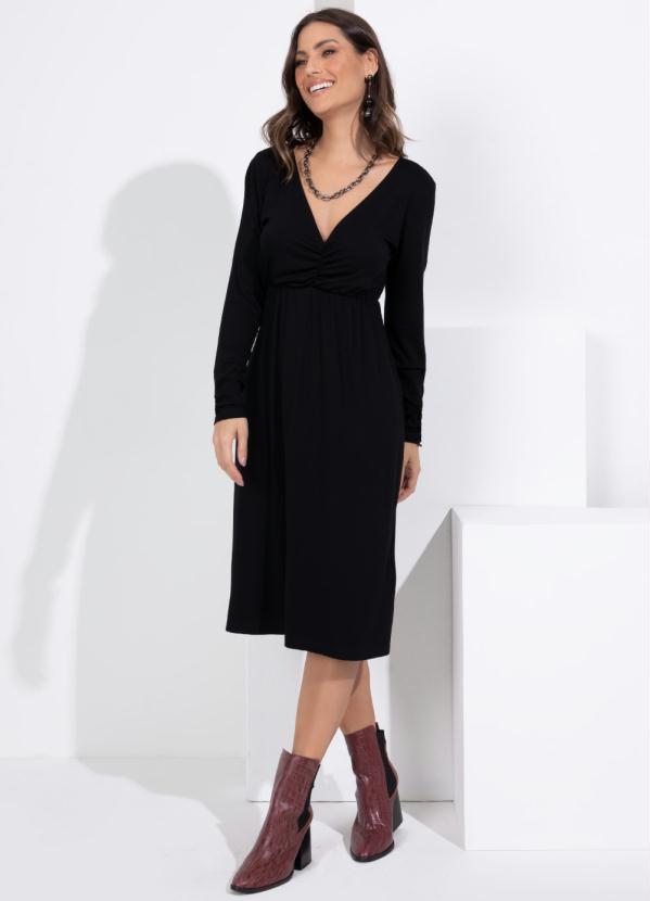 Quintess - Vestido Midi Preto com Franzidos