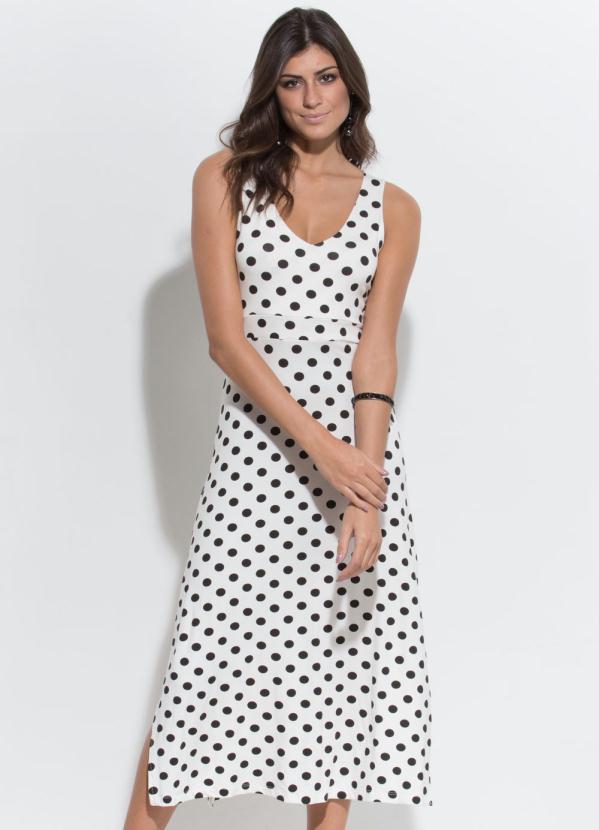 Quintess - Vestido Midi Quintess Poá com Fendas Laterais