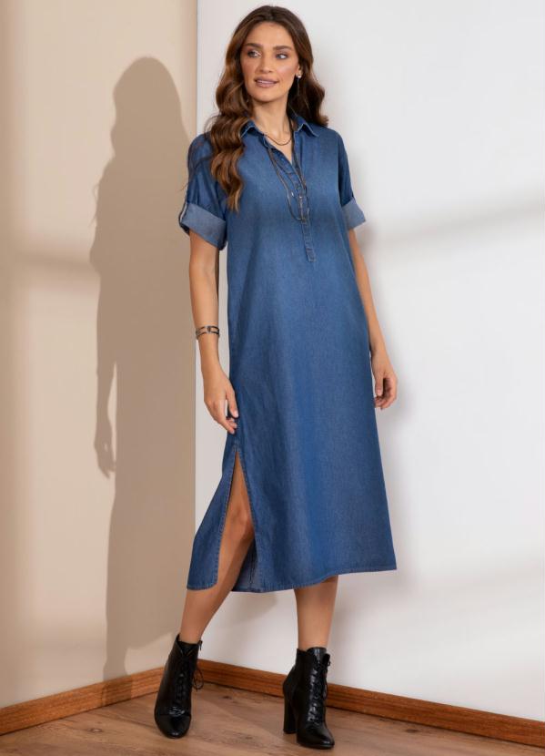 Quintess - Vestido Midi Soltinho Jeans Médio Mangas 3/4 3