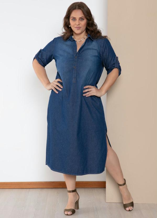 Quintess - Vestido Midi Soltinho Jeans Médio Mangas 3/4 4