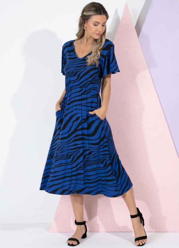Quintess - Vestido Midi Tigre Azul com Bolsos