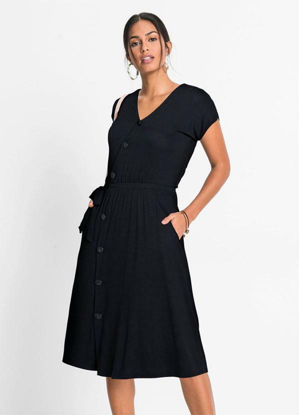 bonprix - Vestido Midi Transpassado com Botões Preto