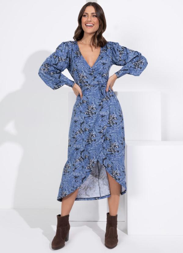 Quintess - Vestido Midi Transpassado Folhagem Azul Mullet