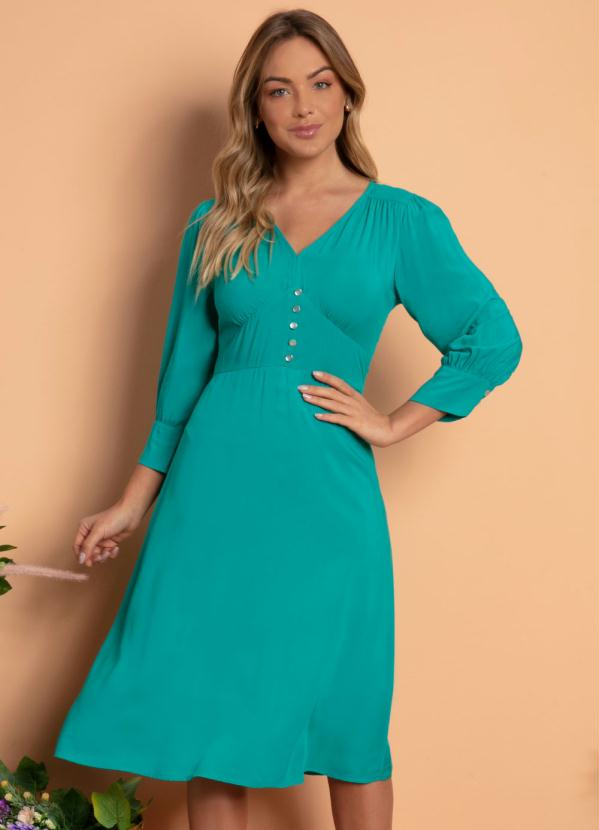 Quintess - Vestido Midi Verde com Botões e Franzidos