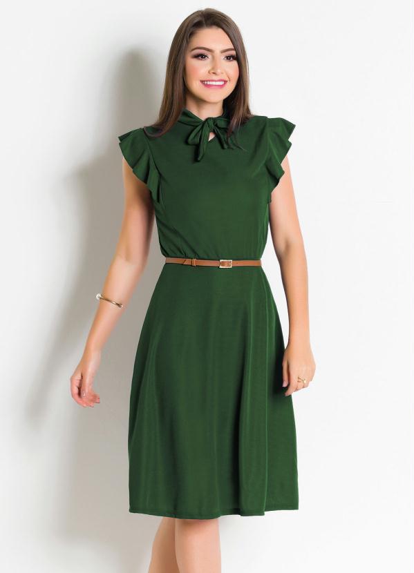 Rosalie - Vestido Moda Evangélica Verde com Gola Laço - Faz a Boa!