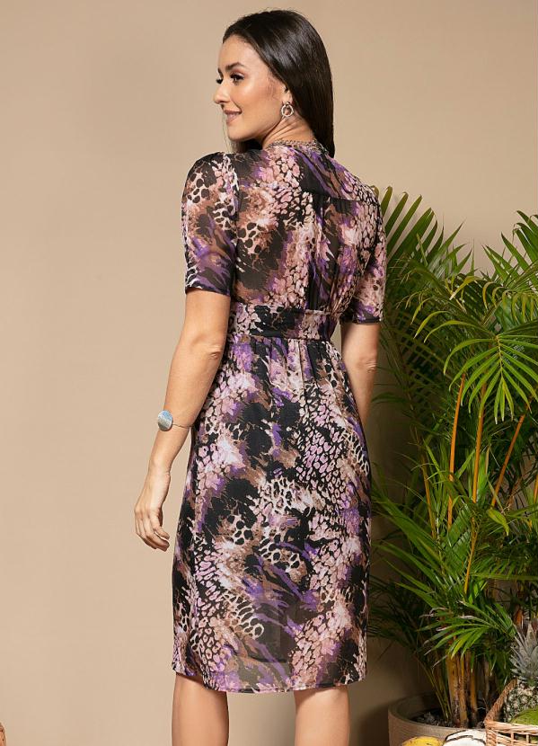 Quintess - Vestido Onça Roxa Midi com Abotoamento 2
