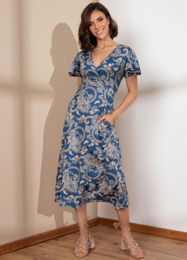 Quintess - Vestido Paisley Dourado Decote Transpassado