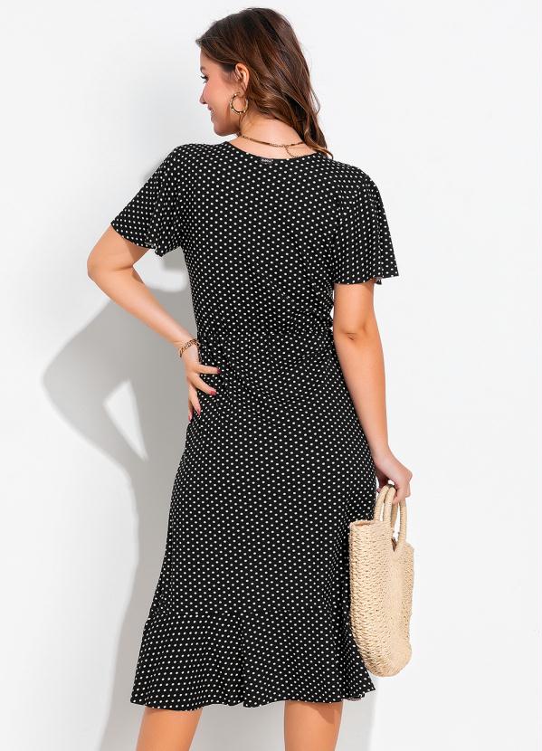 Quintess - Vestido Poá Fundo Preto em Malha de Viscose 2