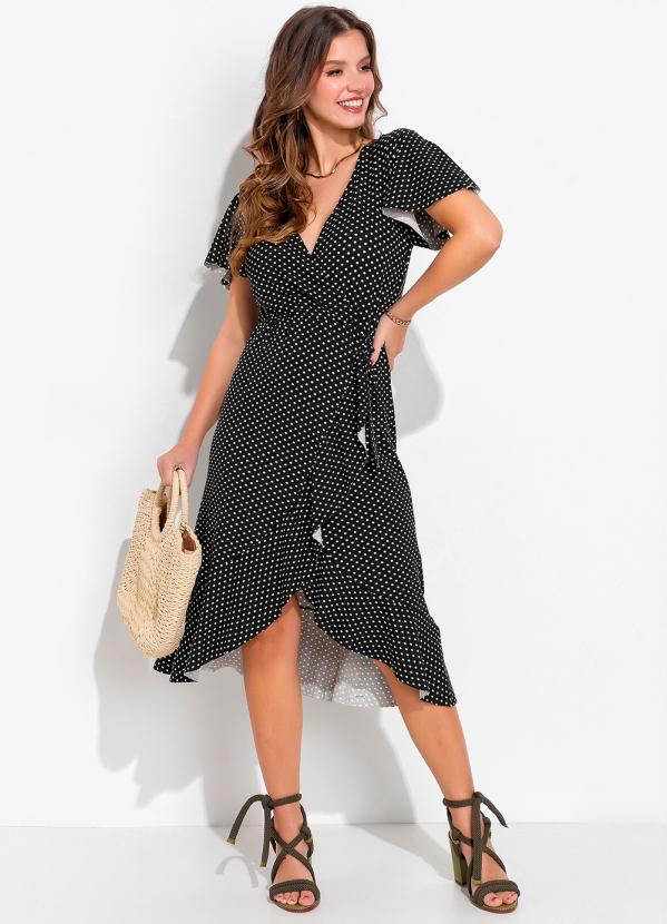 Quintess - Vestido Poá Fundo Preto em Malha de Viscose 3