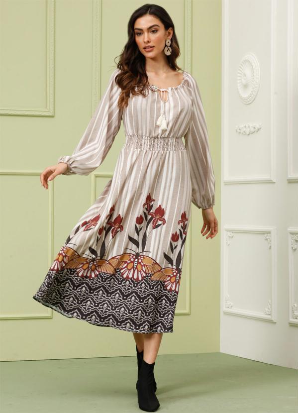 Doce Trama - Vestido Poly Flamê Camelo Listras Nomade