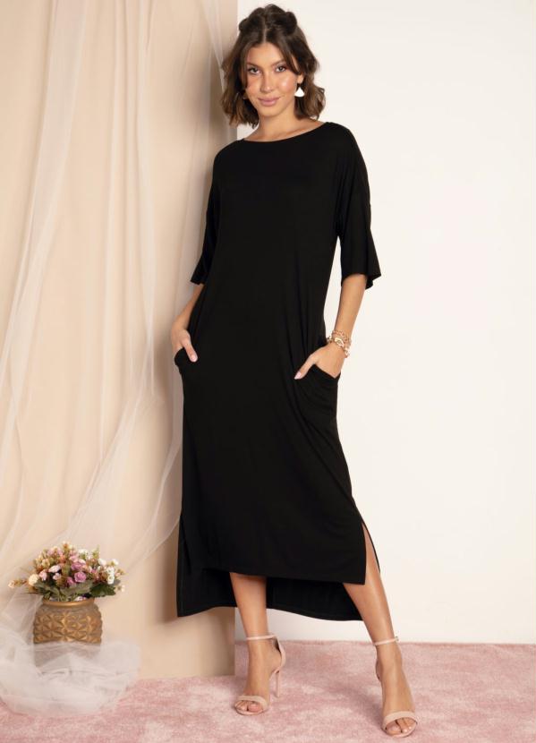 Quintess - Vestido Preto com Bolsos Degrau na Barra
