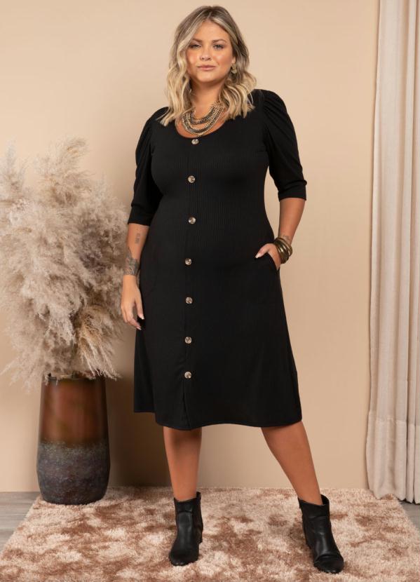 Quintess - Vestido Preto com Mangas Bufantes e Botões 3