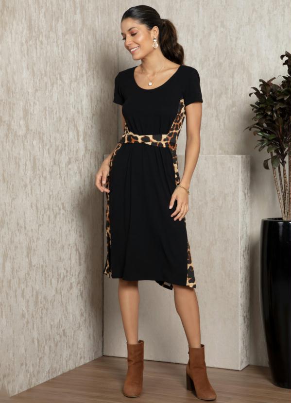 Quintess - Vestido Preto/Onça com Recorte nas Laterais