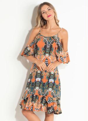 vestido midi estampado com babado na barra
