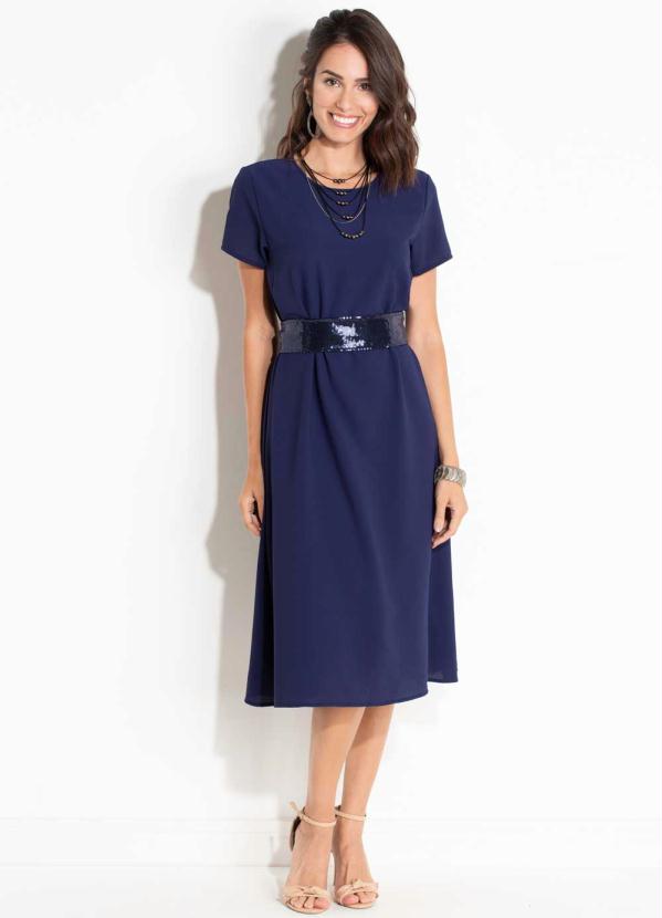 Quintess - Vestido Quintess Midi Marinho com Cinto em Paetê