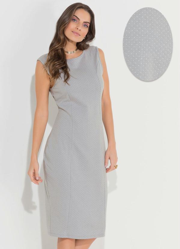 Quintess - Vestido Quintess Poá Cinza com Decote Redondo
