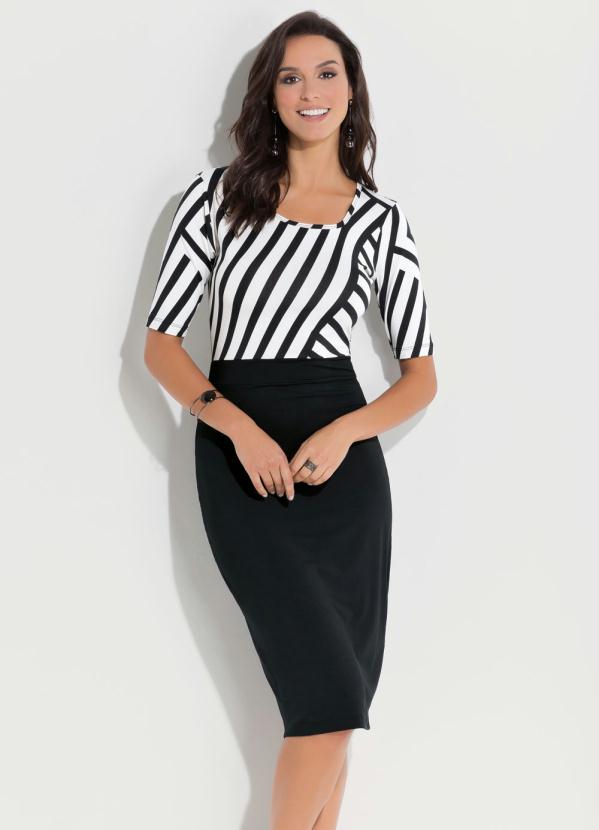 Quintess - Vestido Quintess Preto e Off White com Manga 3/4