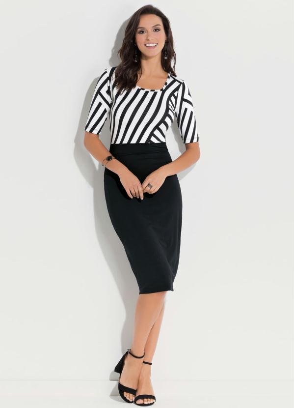 Quintess - Vestido Quintess Preto e Off White com Manga 3/4 3