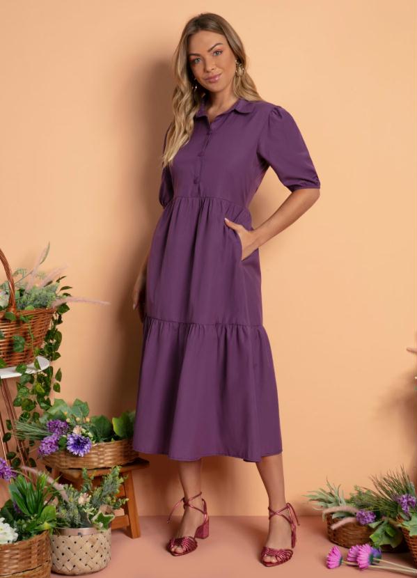 Quintess - Vestido Roxo Midi com Gola e Franzidos