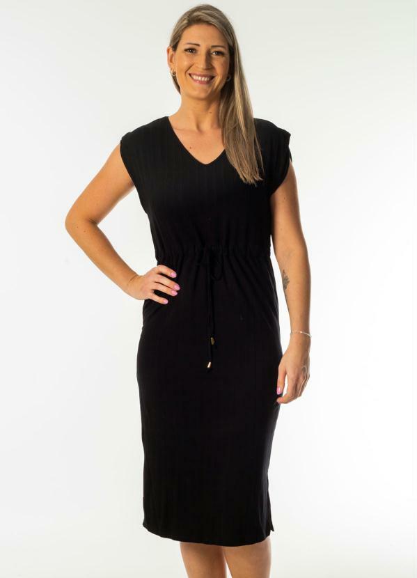 Gris - Vestido sem Manga com Decote V Preto