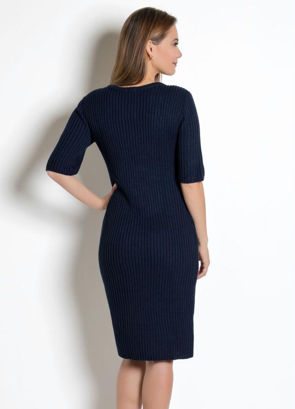 Outlet - Vestido Tricot com Manga 3/4 Marinho Lã Acrílica 2