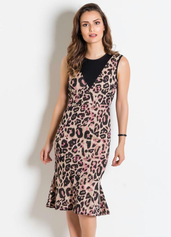 Rosalie - Vestido Tubinho com Babado Onça Moda Evangélica