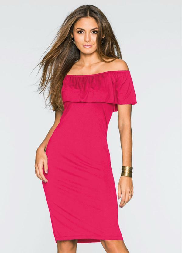 bonprix - Vestido Tubinho com Babados Rosa