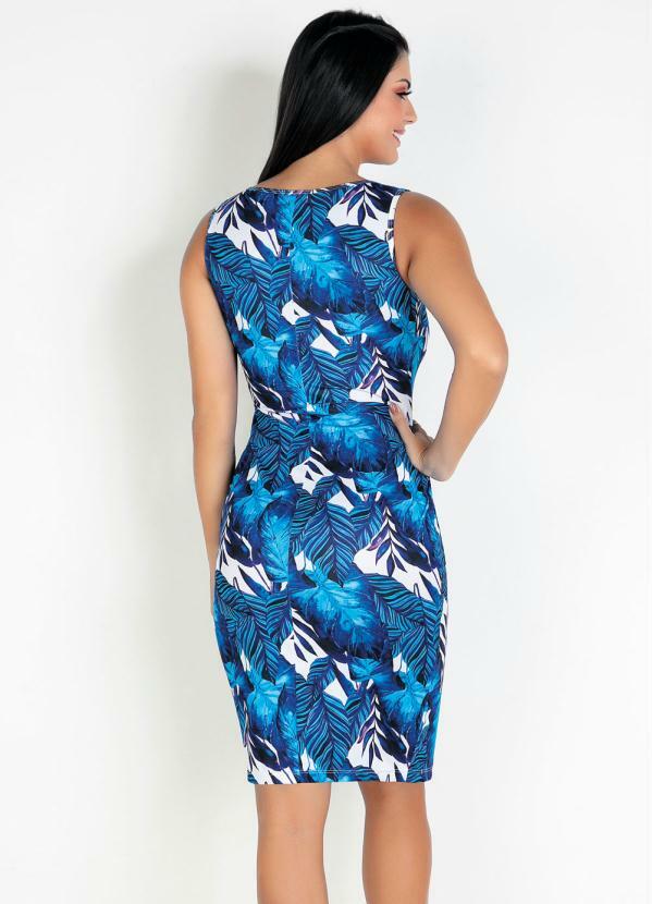 Rosalie - Vestido Tubinho Folhagens Azul Moda Evangélica 2