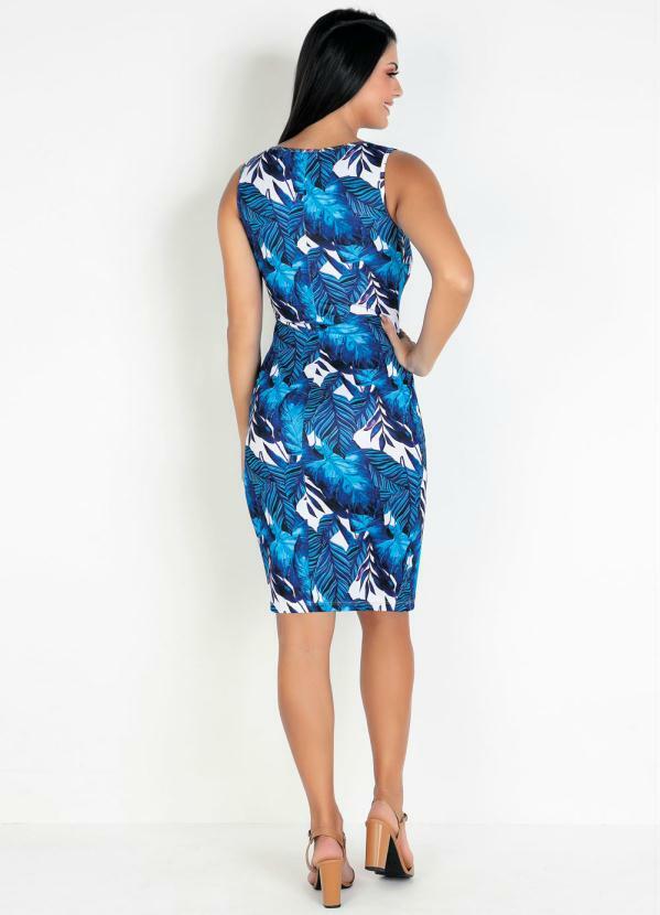 Rosalie - Vestido Tubinho Folhagens Azul Moda Evangélica 4