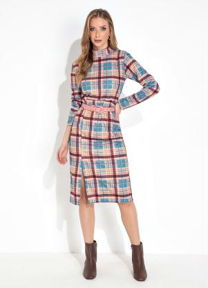 Moda Pop - Vestido Xadrez Marrom com Gola e Mangas Longas - MODA POP